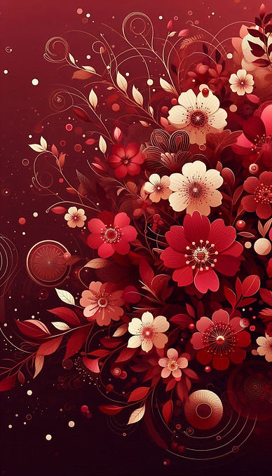 Design 2D elegante. Fundo em vermelho vinho. Ilustração de flores desabrochando, galhos de