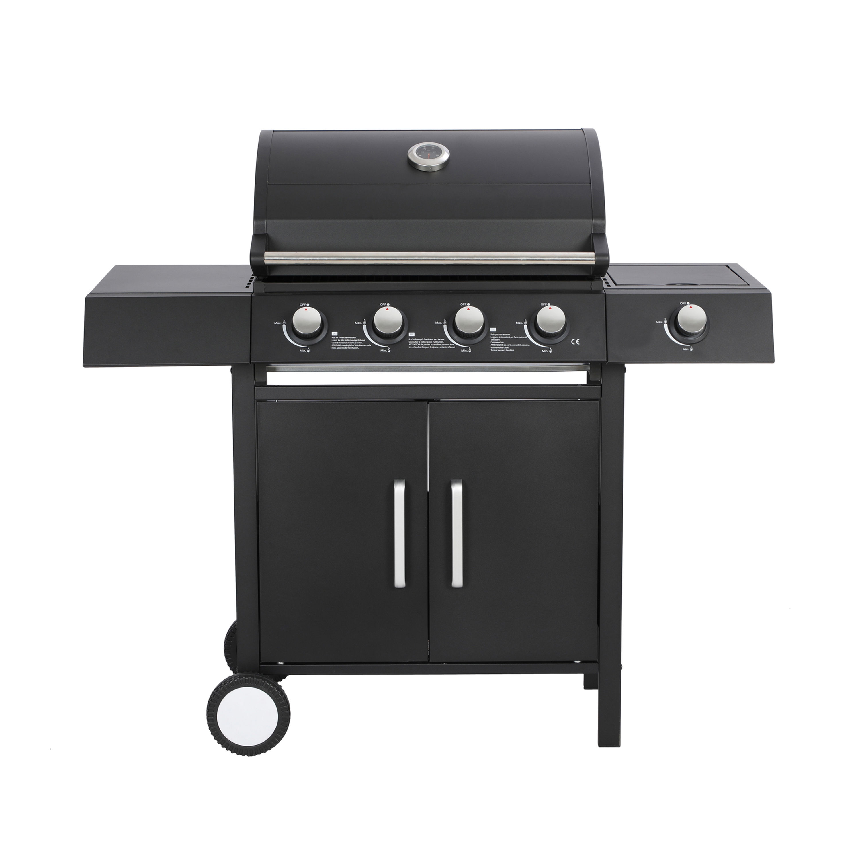 Schwarzer Gasgrill Schweiz mit 4 Hauptbrennern und Seitenbrenner