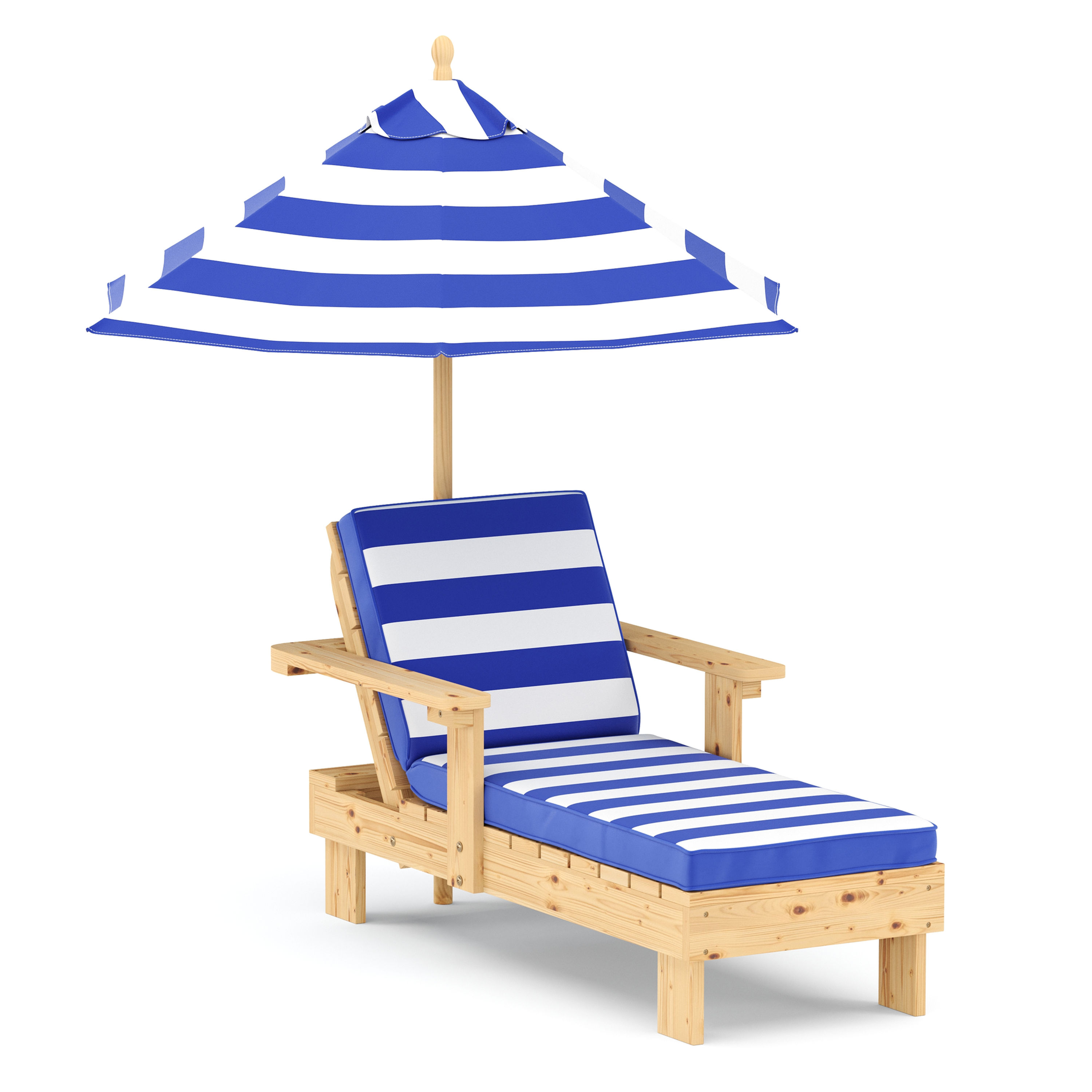 Kinderliegestuhl Holz Weiss Blau mit Schirm