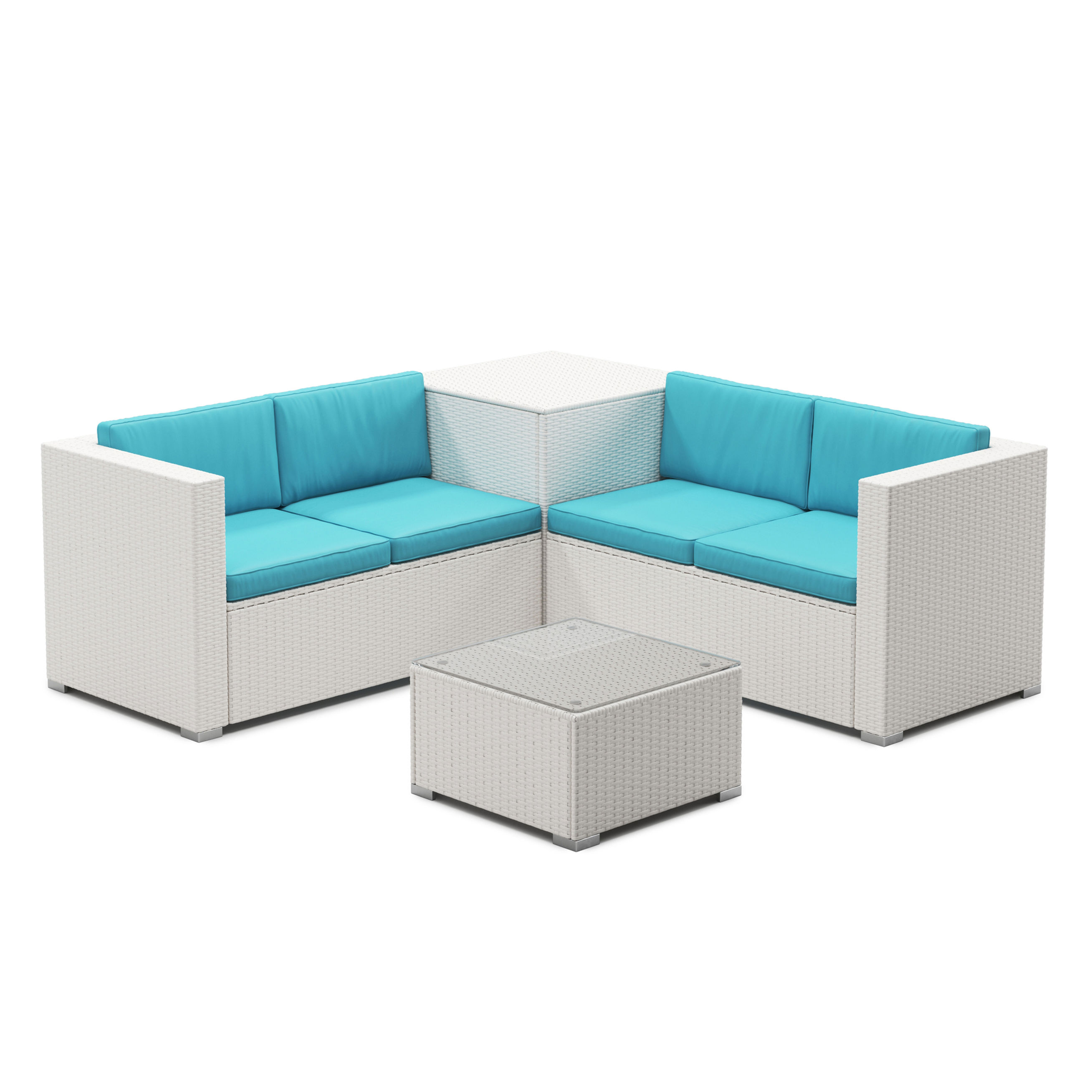 Weisse Rattanlounge Schweiz mit türkisen Sitzkissen und Glastisch