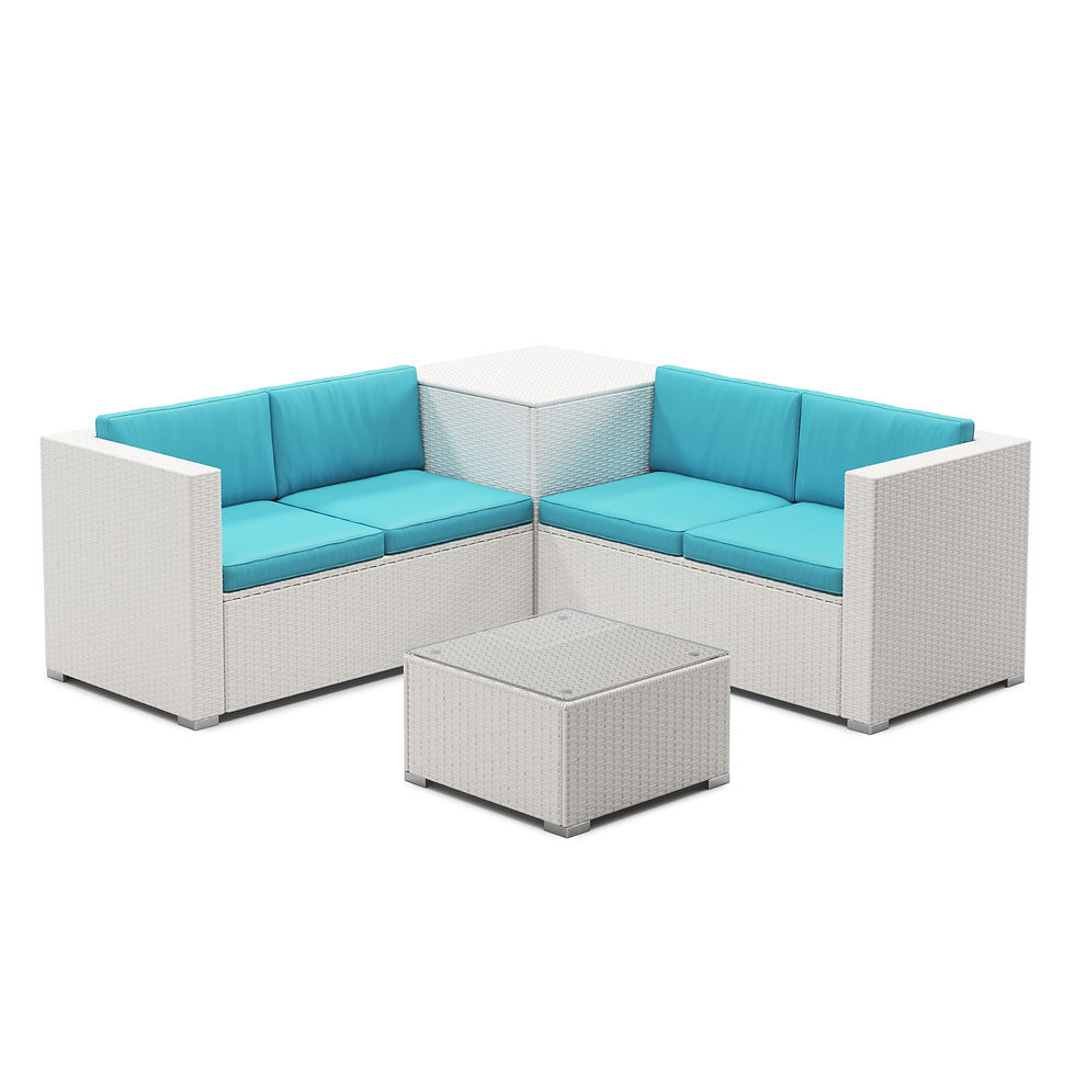 Miniaturbild: Weisse Rattanlounge Schweiz mit türkisen Sitzkissen und Glastisch