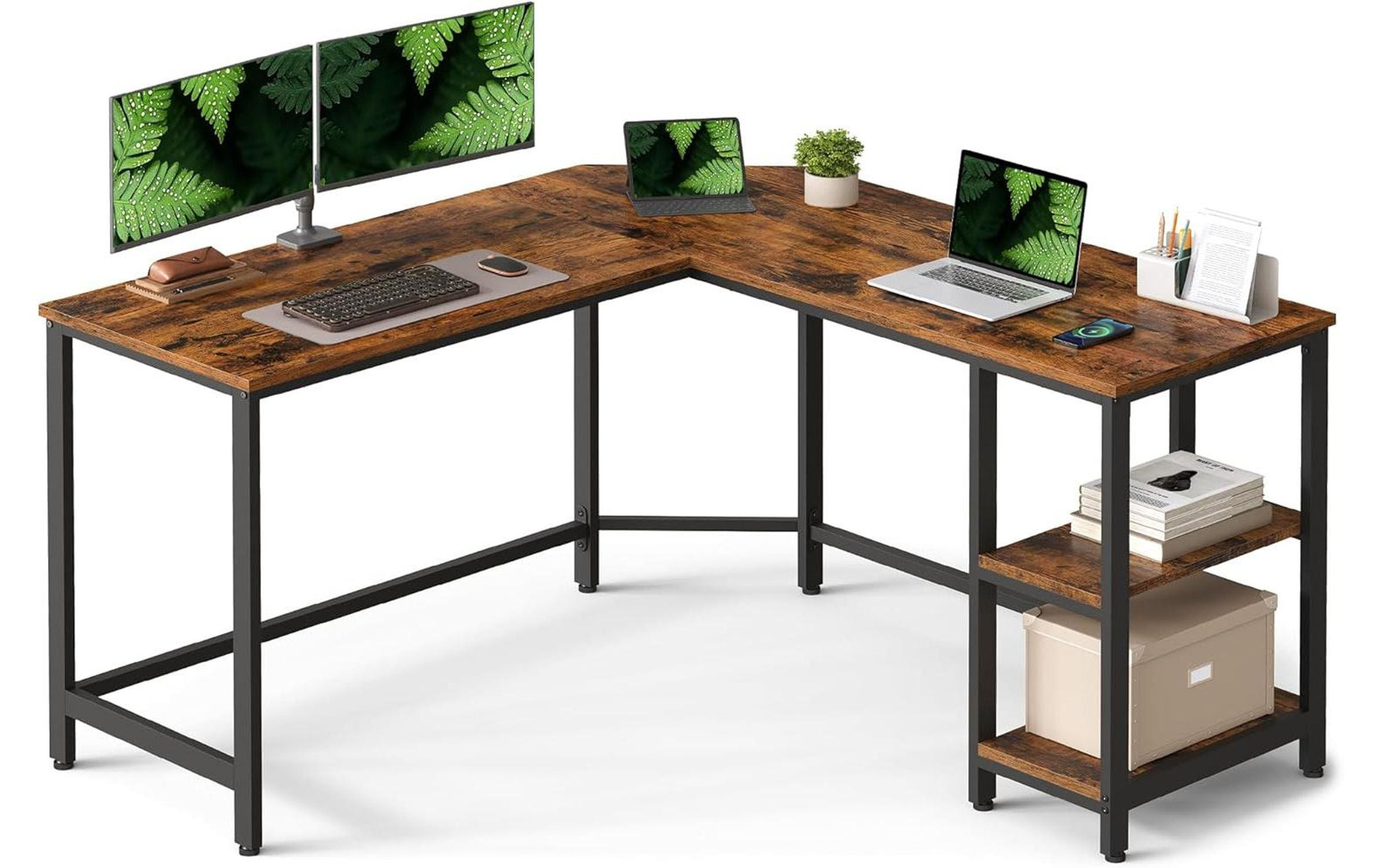 VASAGLE Tisch in L-Form 138 x 138 cm Braun – Ecktisch 138x138cm, 2 Regalfächer