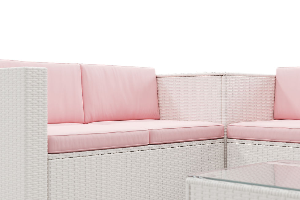 Miniaturbild: Moderne Gartenlounge Schweiz mit weissem PE-Rattan und rosa Polstern