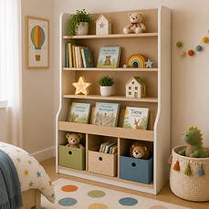Kinderzimmer mit Bücherregal Schreibtisch und praktischem Stauraum