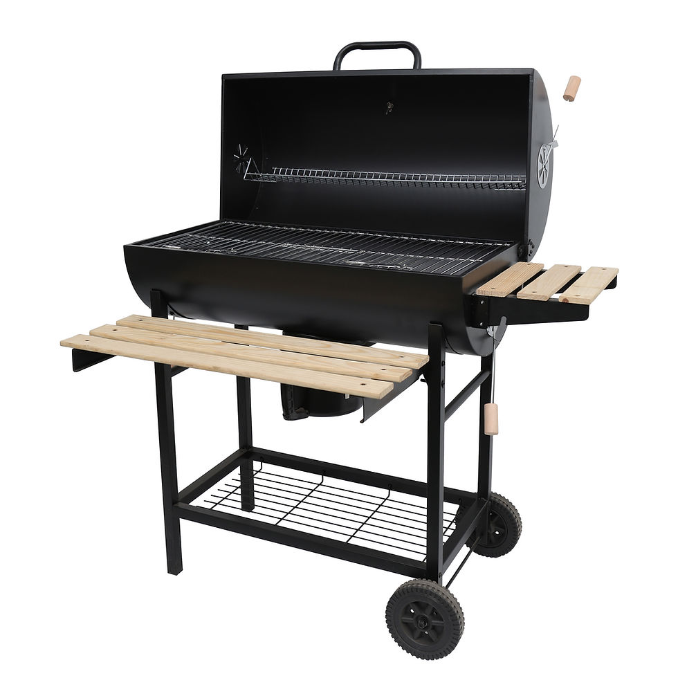 Schwarzer Holzkohlegrill Schweiz mit Holztablaren und Warmhalterost