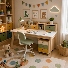 Natürliches Kinderzimmer mit Holzmöbeln und Stauraum