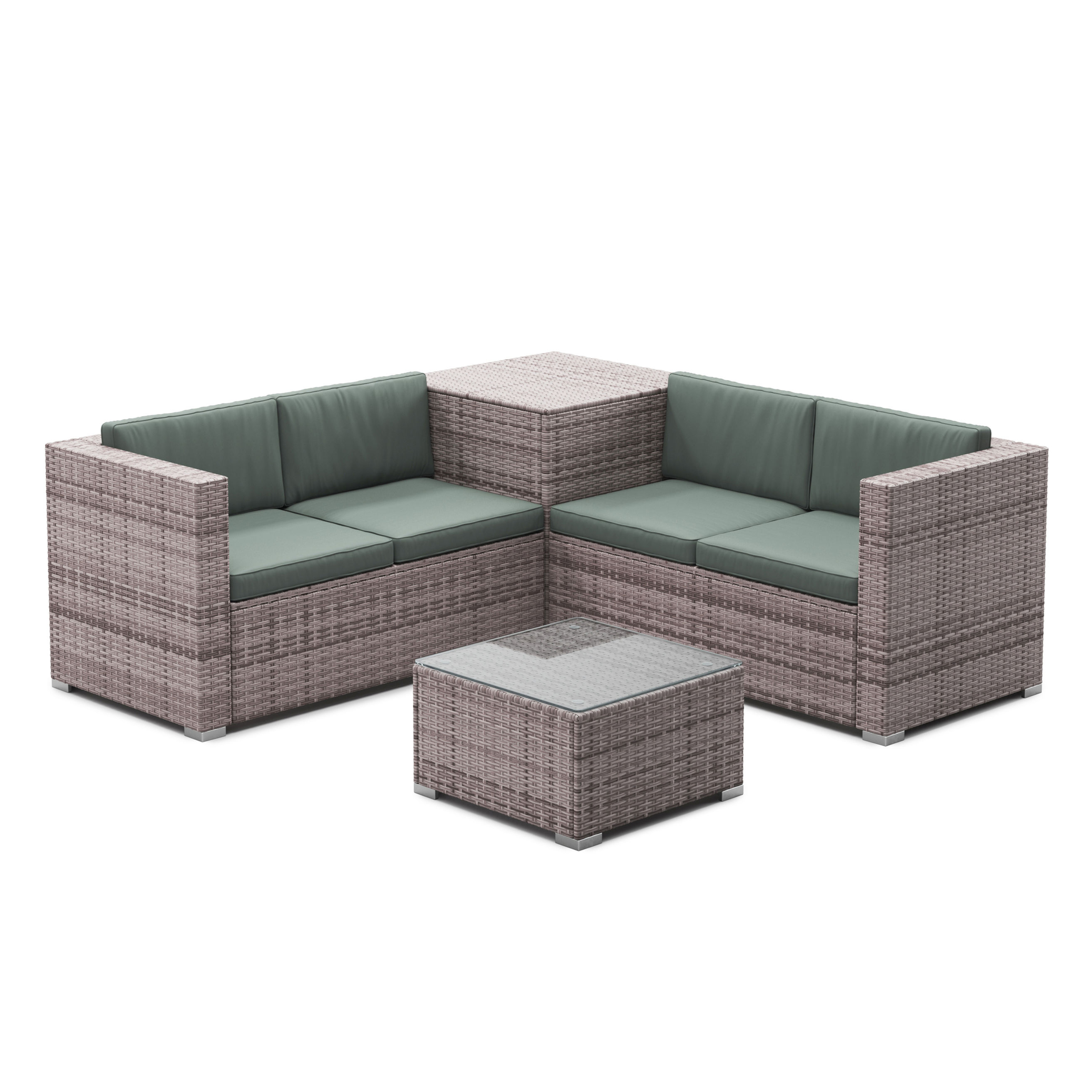 Graubraune Rattanlounge Schweiz mit grünen Sitzkissen und Glastisch