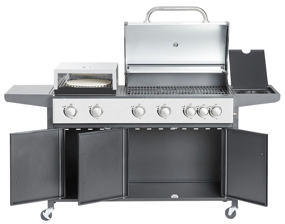 Geöffneter Kombigrill Schweiz mit Pizzaofen und Grillfläche