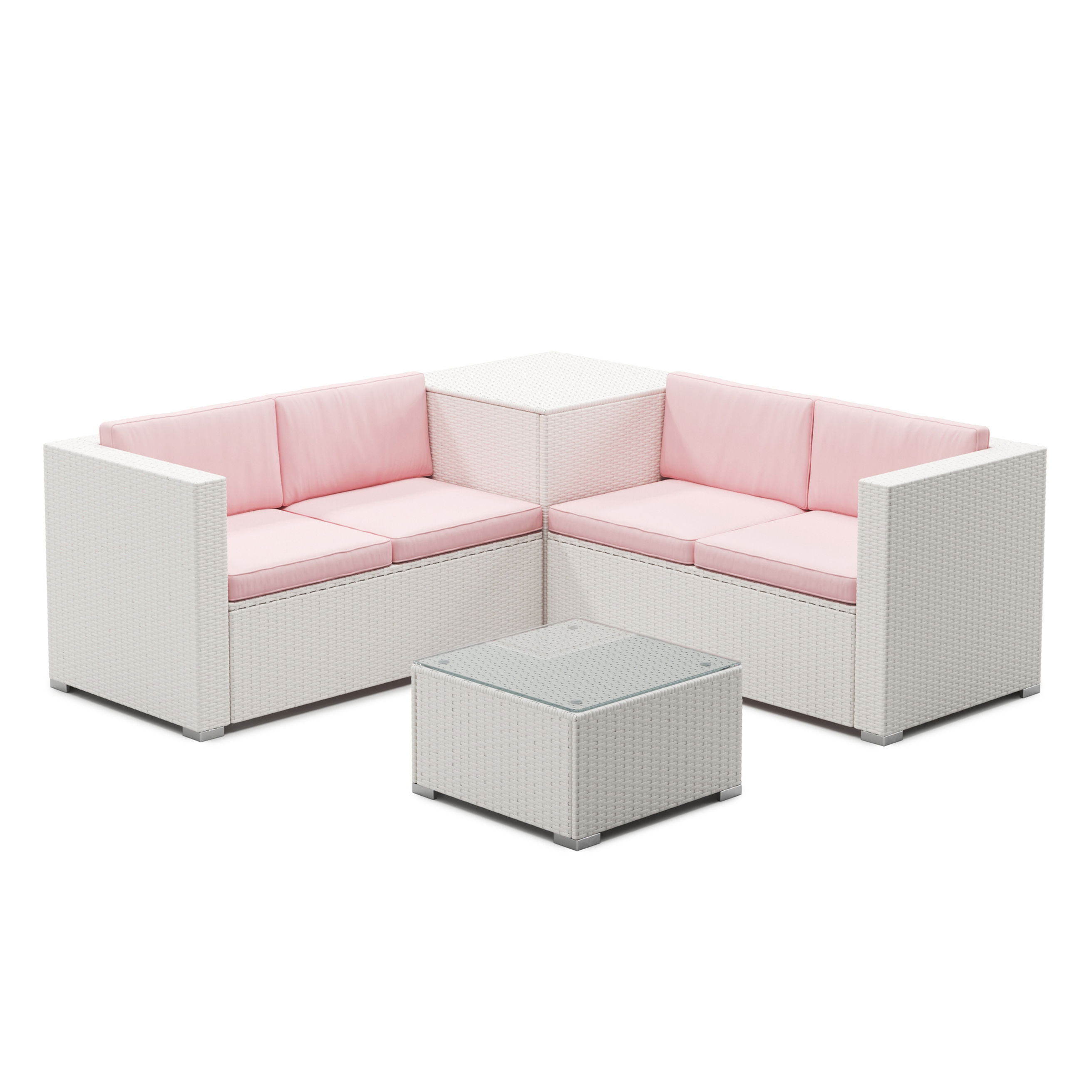 Weisse Rattanlounge Schweiz mit rosa Sitzkissen und Glastisch