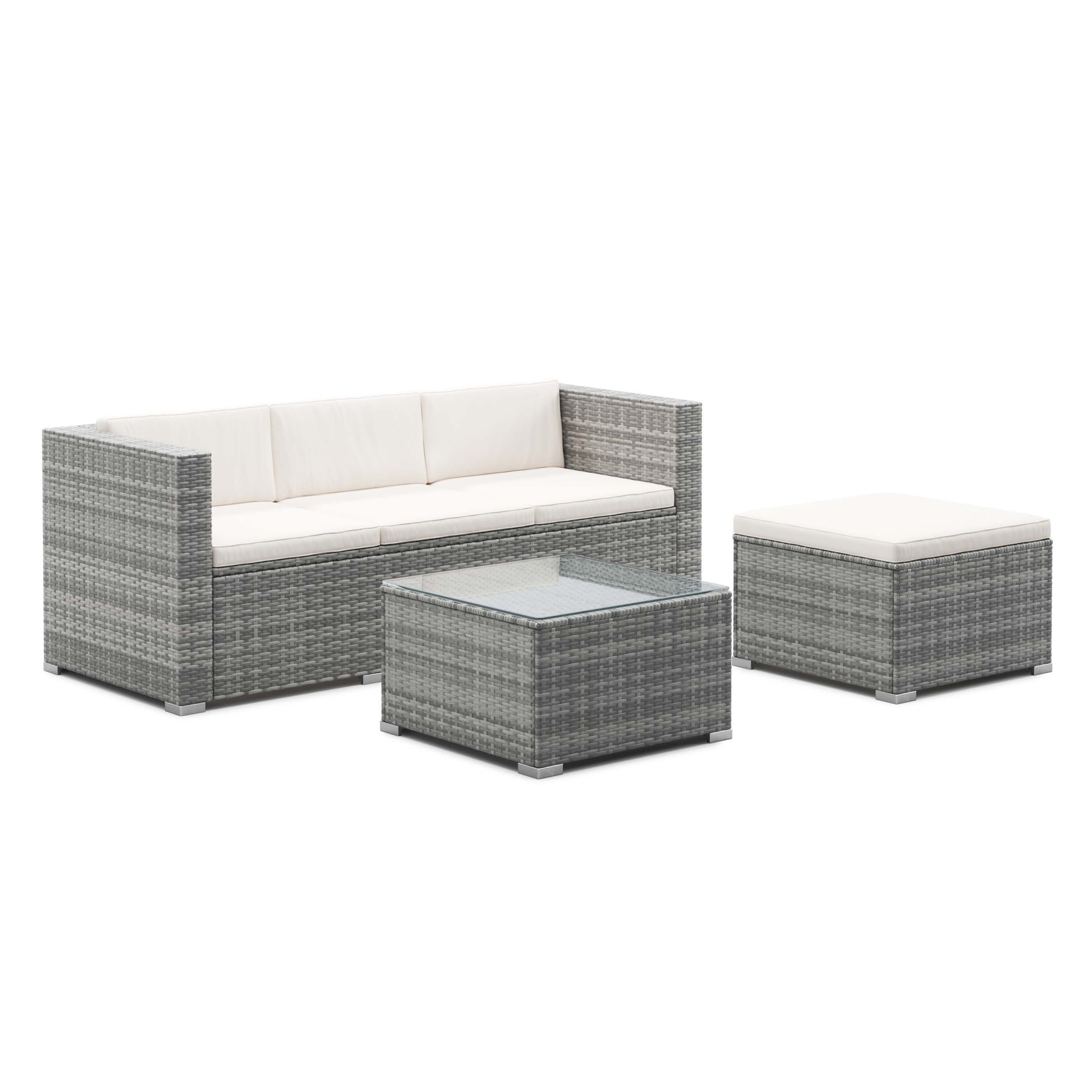NIZZA Rattanlounge grau mit weissen Kissen und Glastisch
