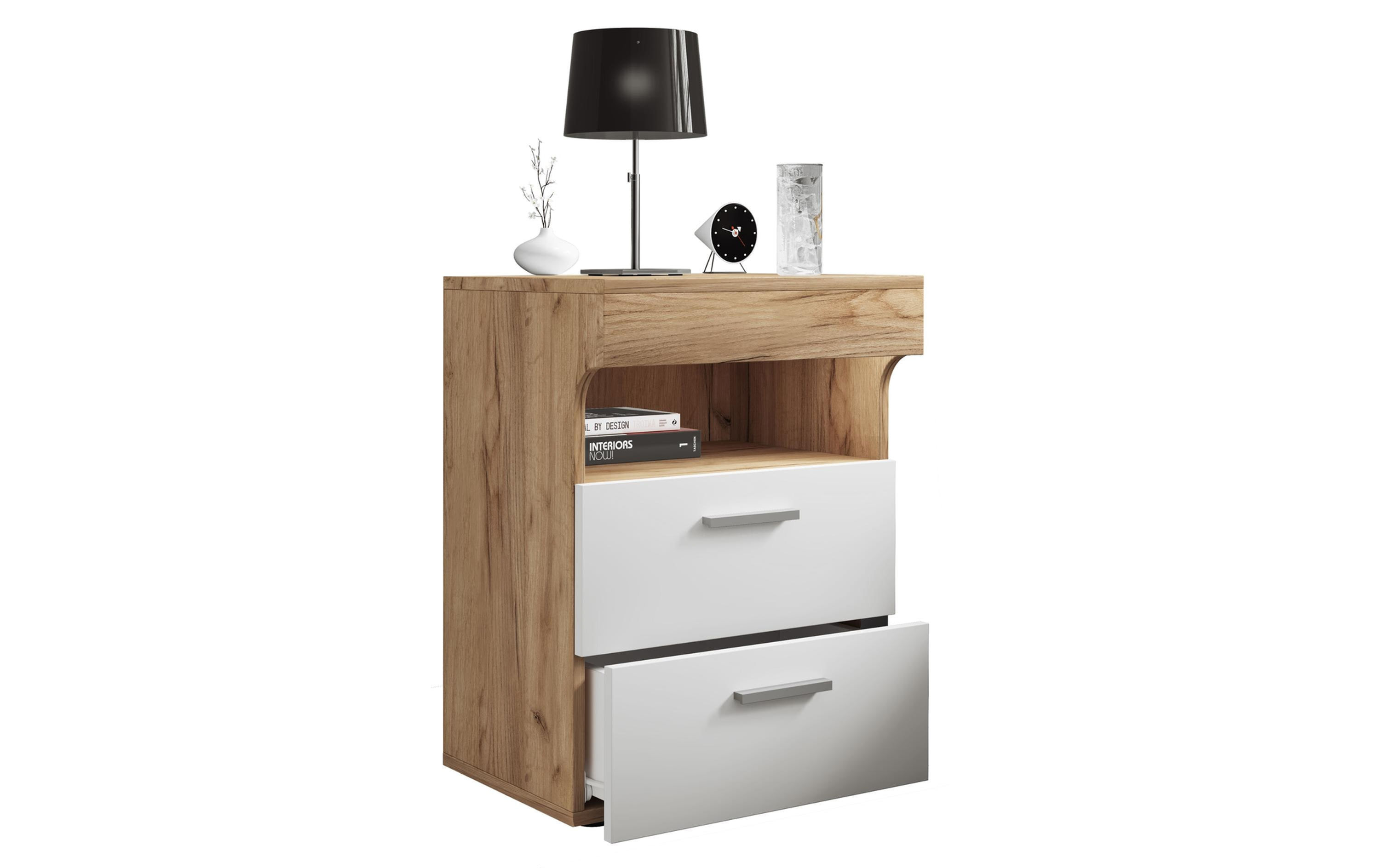 VCM Nachttisch Slepal L 45 x 61 cm, Braun/Weiss – Honig-Eiche / Weiss