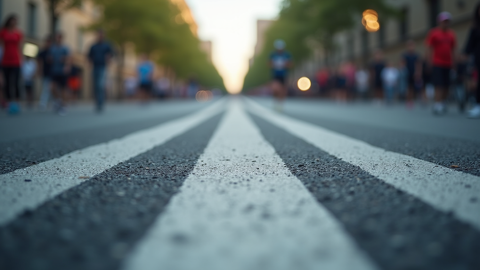 Eye-level view of a race timing mat on a city street