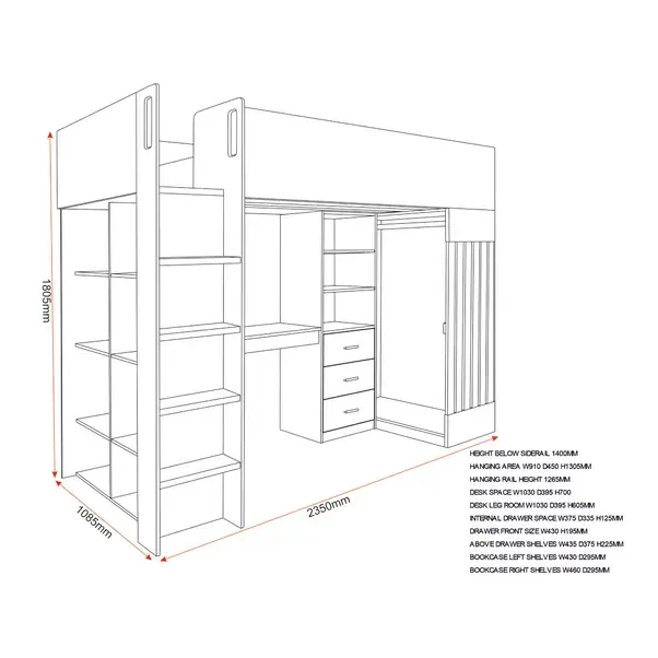Thumbnail: JUPITER HIGH SLEEPER WITH DESK AND STORAGE IN WHITE/GREY (NO MATTRESS) £450