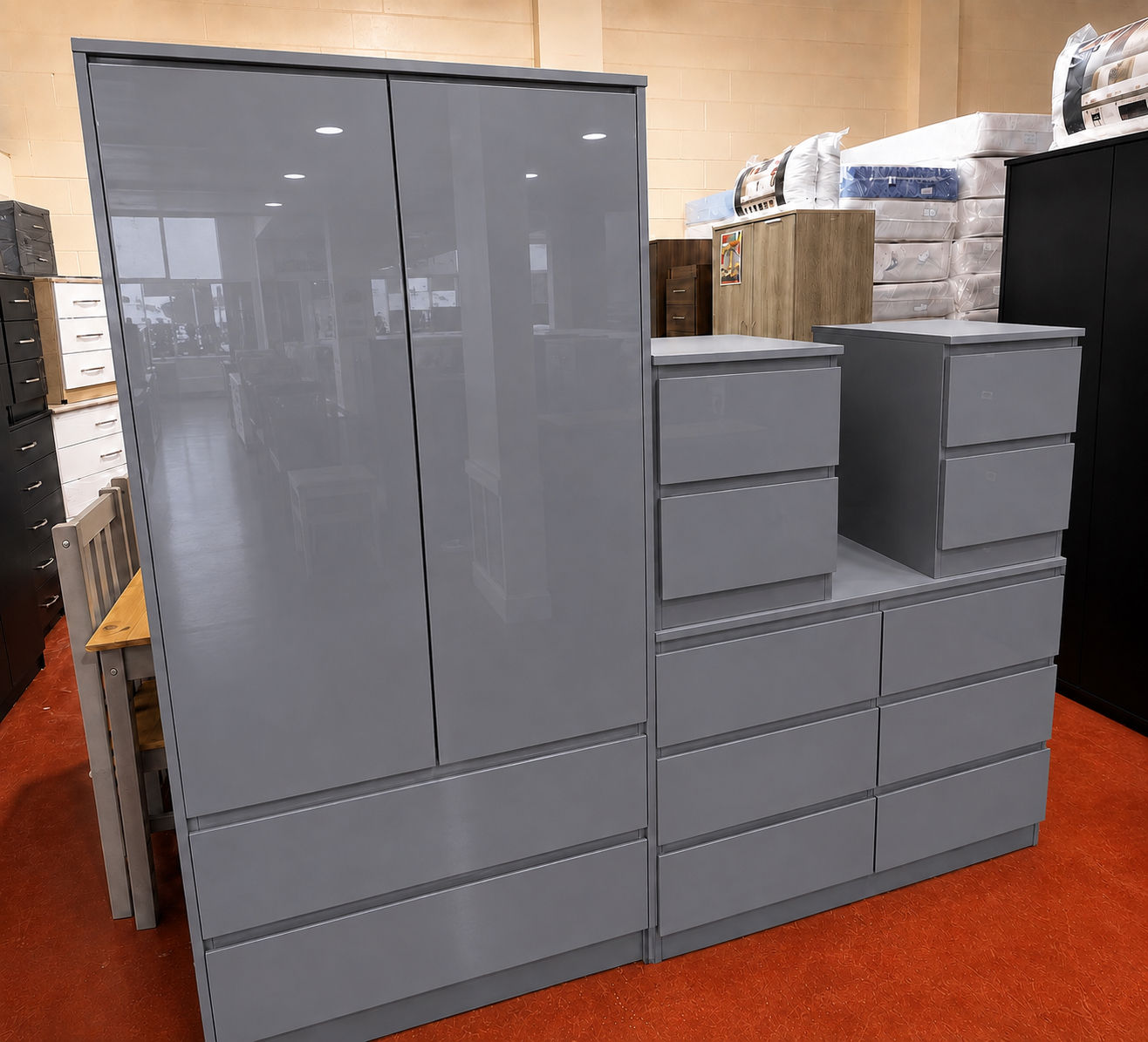 STORA BEDROOM SET - WARDROBE CHEST & 2 BEDSIDES - GREY GLOSS