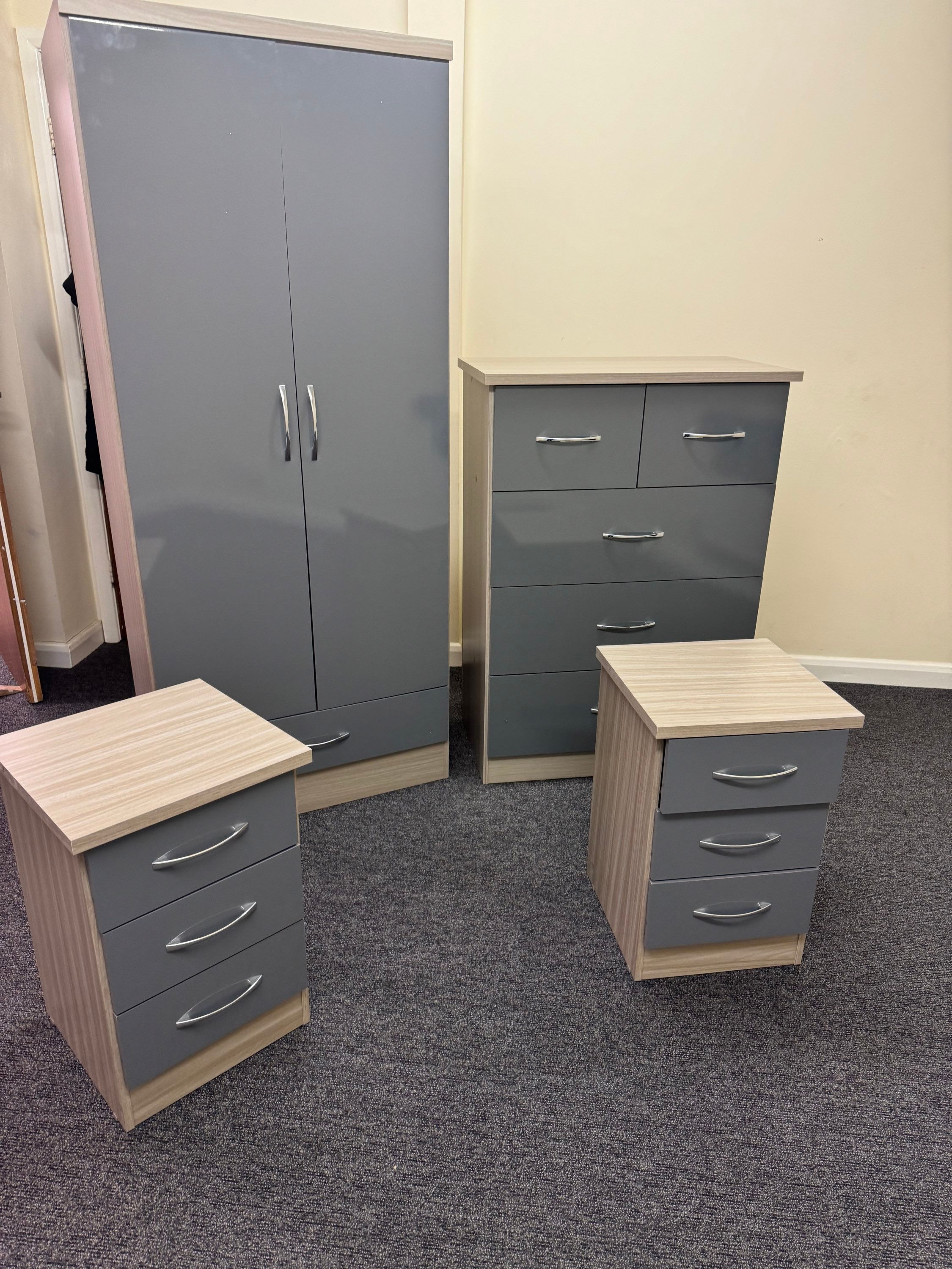 NEVADA 2 DOOR 1 DRAWER WARDROBE BEDROOM SET GREY GLOSS/LIGHT OAK EFFECT VENEER