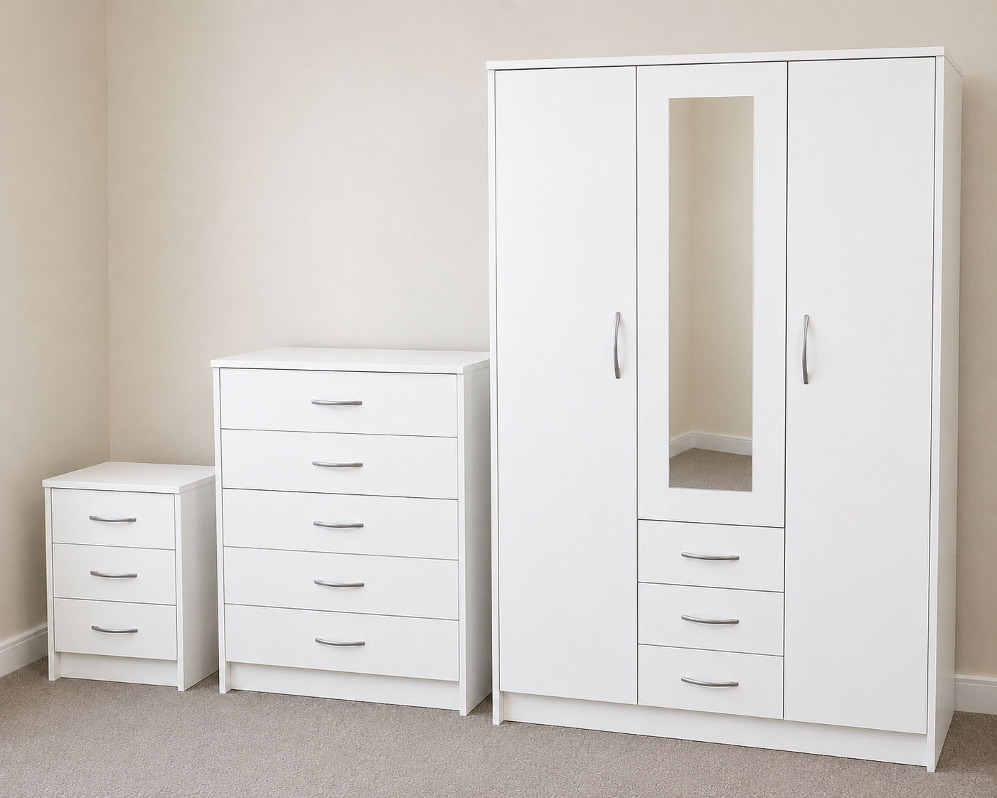METRO 3 DOOR COMBI WARDROBE CHEST & BEDSIDE - WHITE