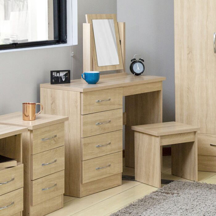 NEVADA DRESSING TABLE, MIRROR & STOOL SET IN SONOMA OAK EFFECT
