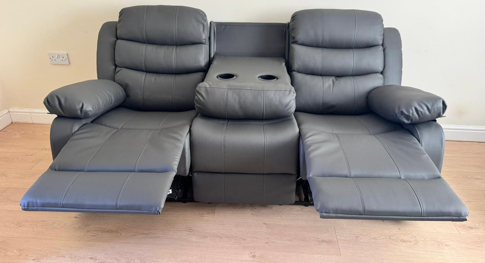  ROMA 3 SEATER GREY-FAUX LEATHER RECLINER SOFAS WITH DRINK HOLDERS