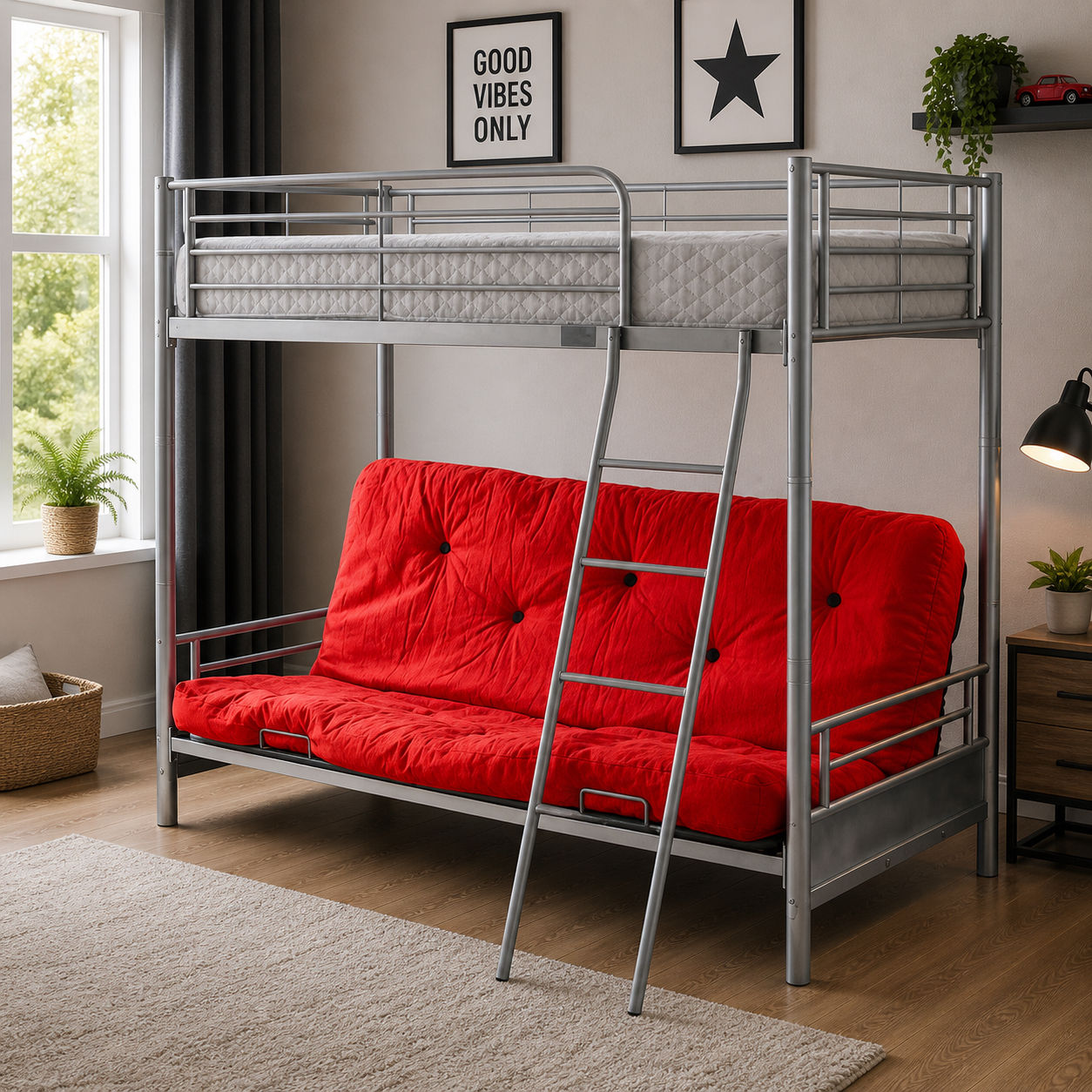 RED - ALASKA FUTON BUNK WITH FUTON MATTRESS AND SINGLE BUDGET MATTRESS