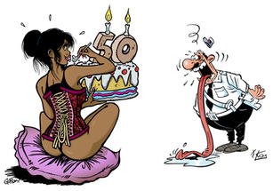 Femme, gâteau 50 ans, homme langue, humour