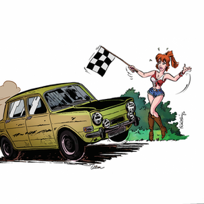 Une voiture de course verte franchit la ligne d'arrivée