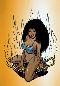 Femme noire sexy près d'un plat mijoté