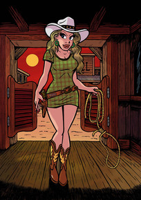 Femme cowgirl, lasso, saloon