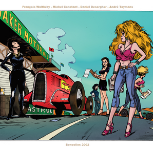 Femmes, voiture de course, Jake Motors; dessin animé