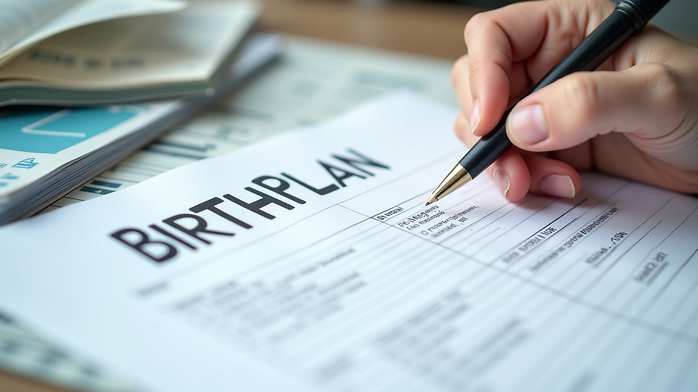 Close-up view of a birth plan document with a pen ready to write
