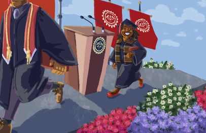 Black woman walking across the isle with college degree in hand