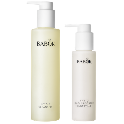 Shop the BABOR HY-ÖL Cleanser & Phyto HY-ÖL Booster Hydrating Set featuring two elegantly designed bottles for a complete skincare routine.