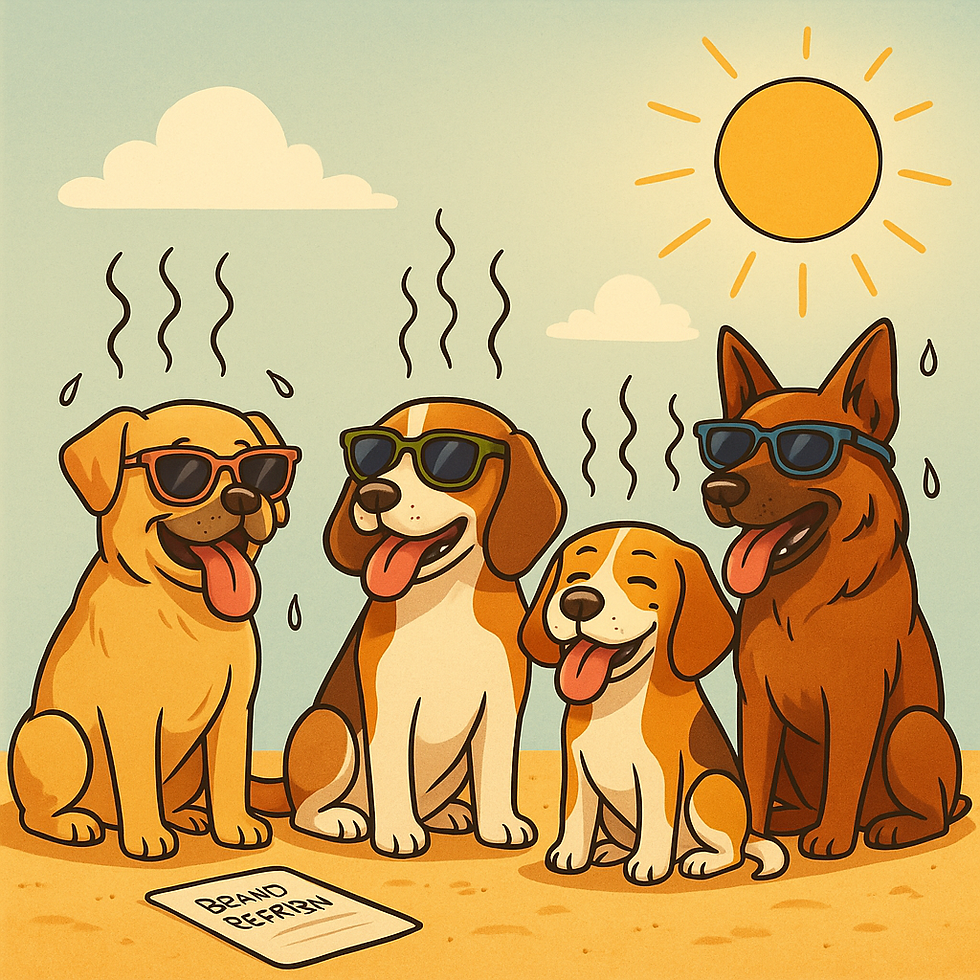 4 various dogs sweating in the sun wearing glasses