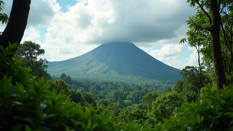 Eye-level view of Arenal Volcano with lush green forest