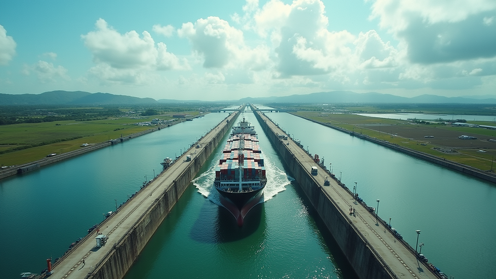 High angle view of Panama Canal locks with ships passing through