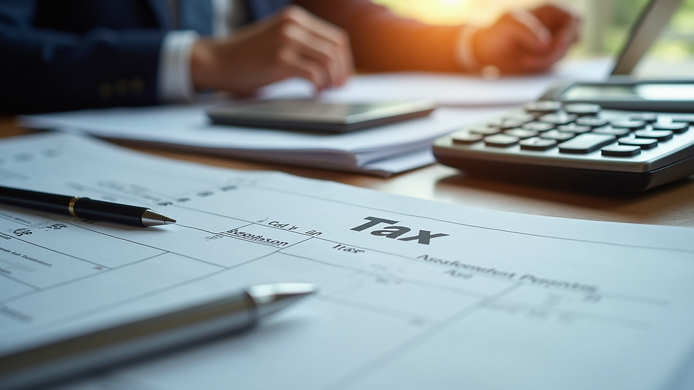 Eye-level view of a desk with organized tax documents and a calculator