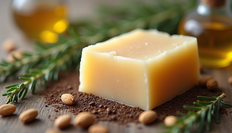 Close-up view of a handmade artisan soap bar with natural ingredients