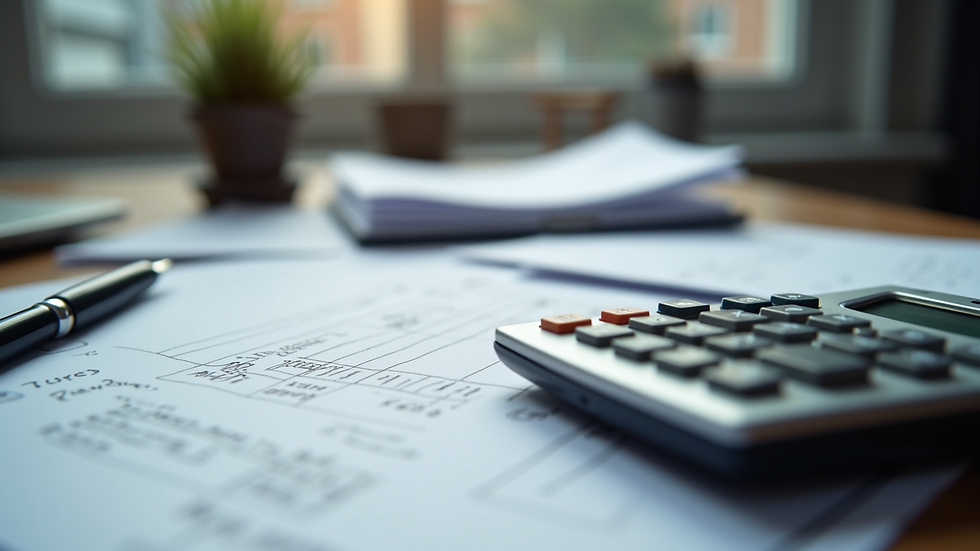 Eye-level view of organized desk with tax documents and calculator