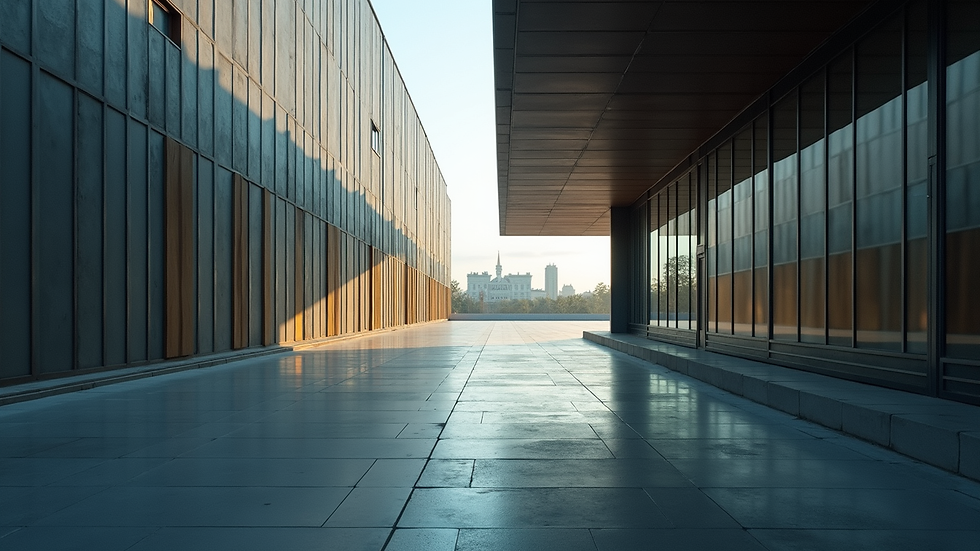Eye-level view of a commercial building with visible structural features