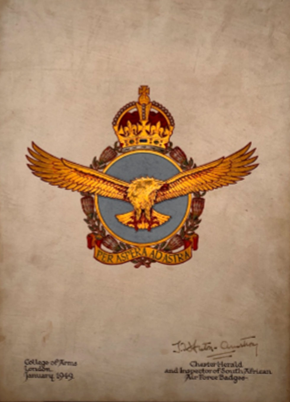 The official “South African Airforce Crest” as issued by the College of Arms and approved by the Chester Herald and Inspector of South African Air Force Badges, January 1949.