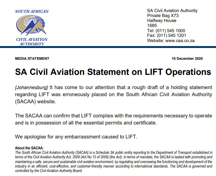 The SACAA deny the existence of LIFT Airline (Now retracted by The
