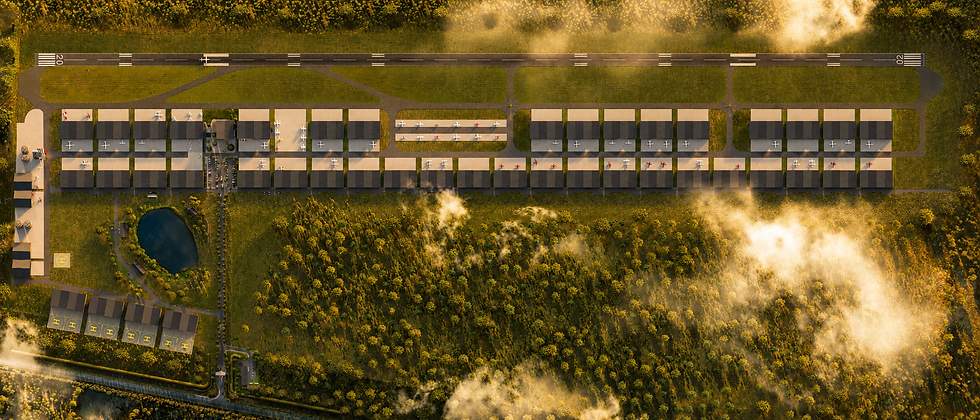 Full masterplan view showing the runway, hangars, taxiways and precinct layout.