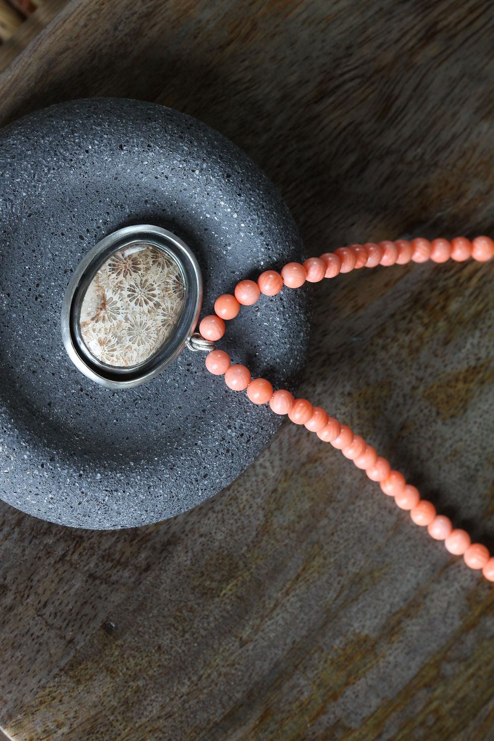 Thumbnail: Fossilized Coral Pendant onPink Coral Necklace