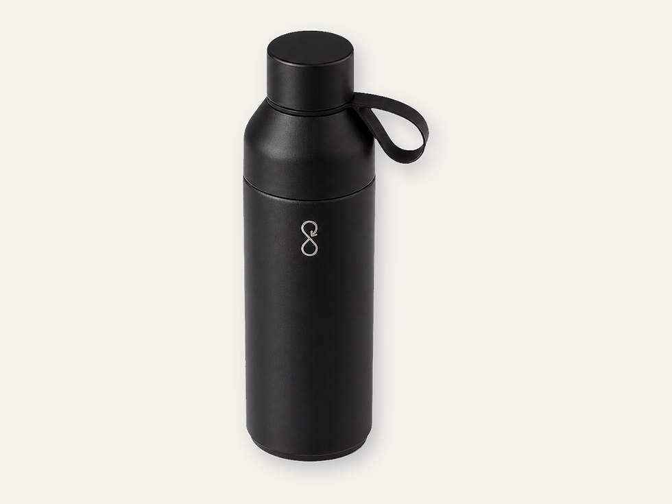 Obsidian-black Ocean Bottle Original 500ml with circular top loop, segmented body and rubber base on a clean product tile