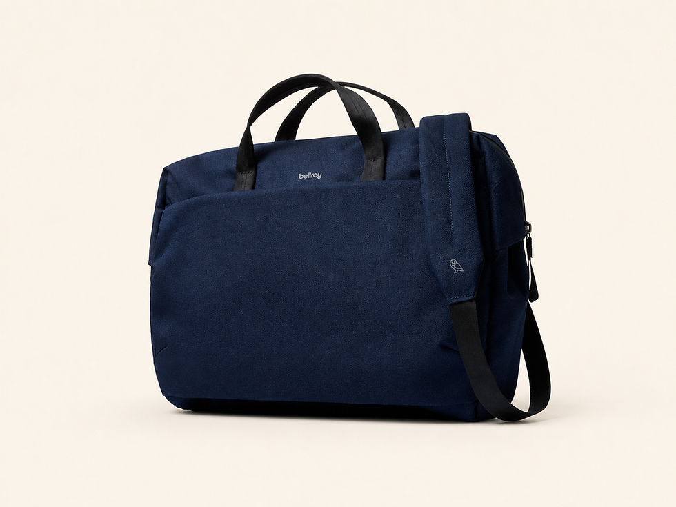 Bellroy Via Work Bag, source-grounded AI 3D render on a cream product tile