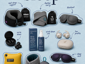 Annotated Hiinghams AI-3D product board for the travel day sleep kit