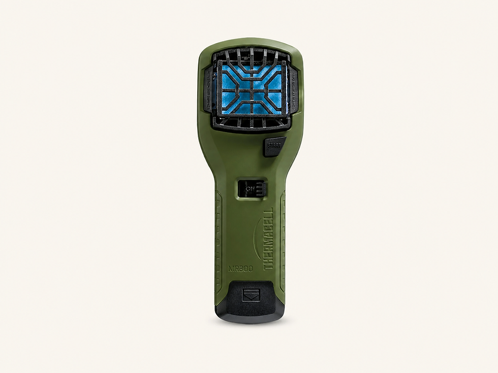 Olive Thermacell MR300 mosquito repeller on a cream product tile
