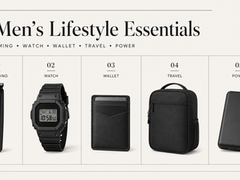 Minimalist infographic showing five men's lifestyle essentials: grooming tool, watch, wallet, travel bag and power bank