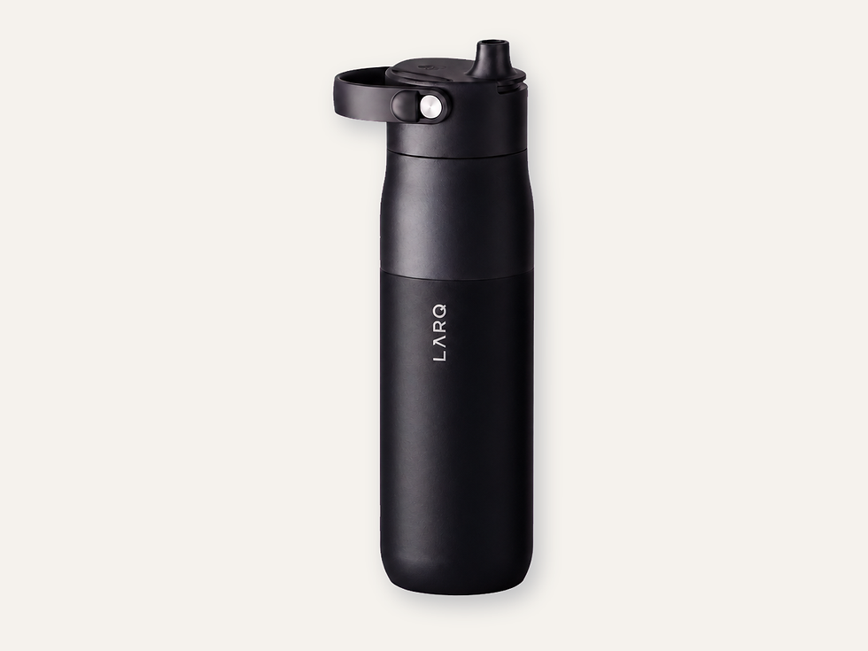 Obsidian-black LARQ Bottle PureVis 2 with smooth cylindrical body and LED PureVis cap on a clean product tile