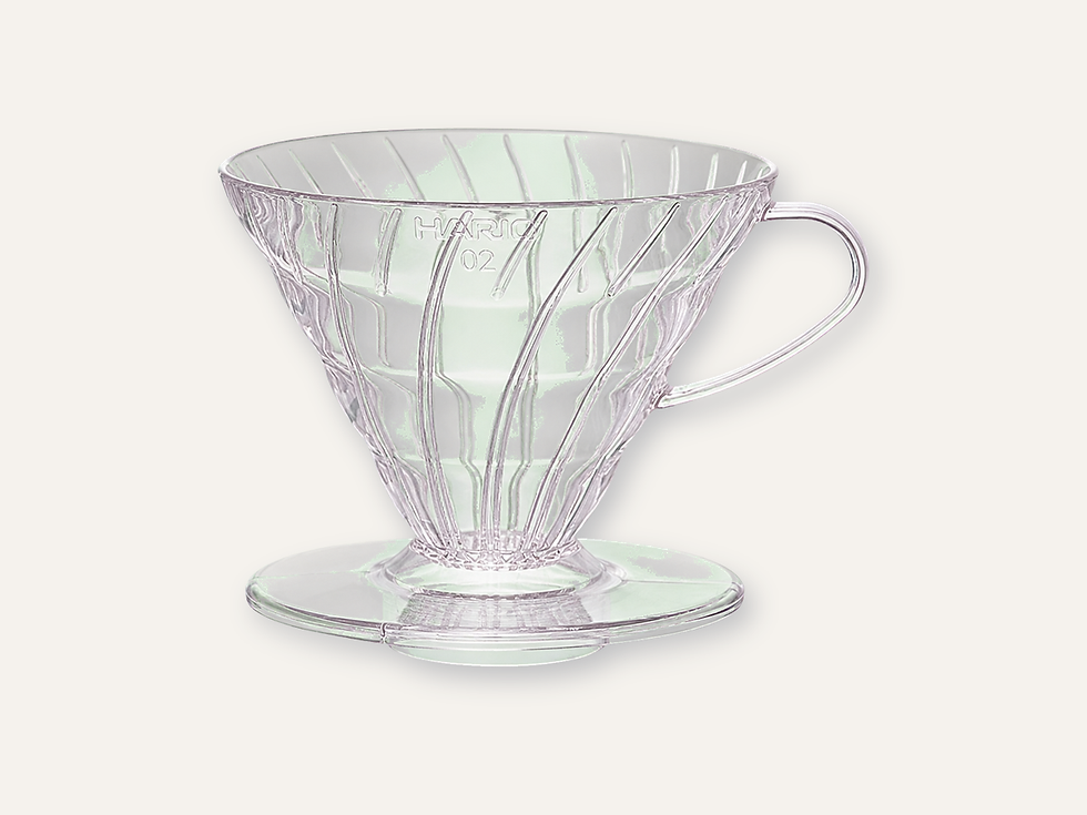 Hario V60 Plastic Coffee Dripper 02 in three-quarter view.