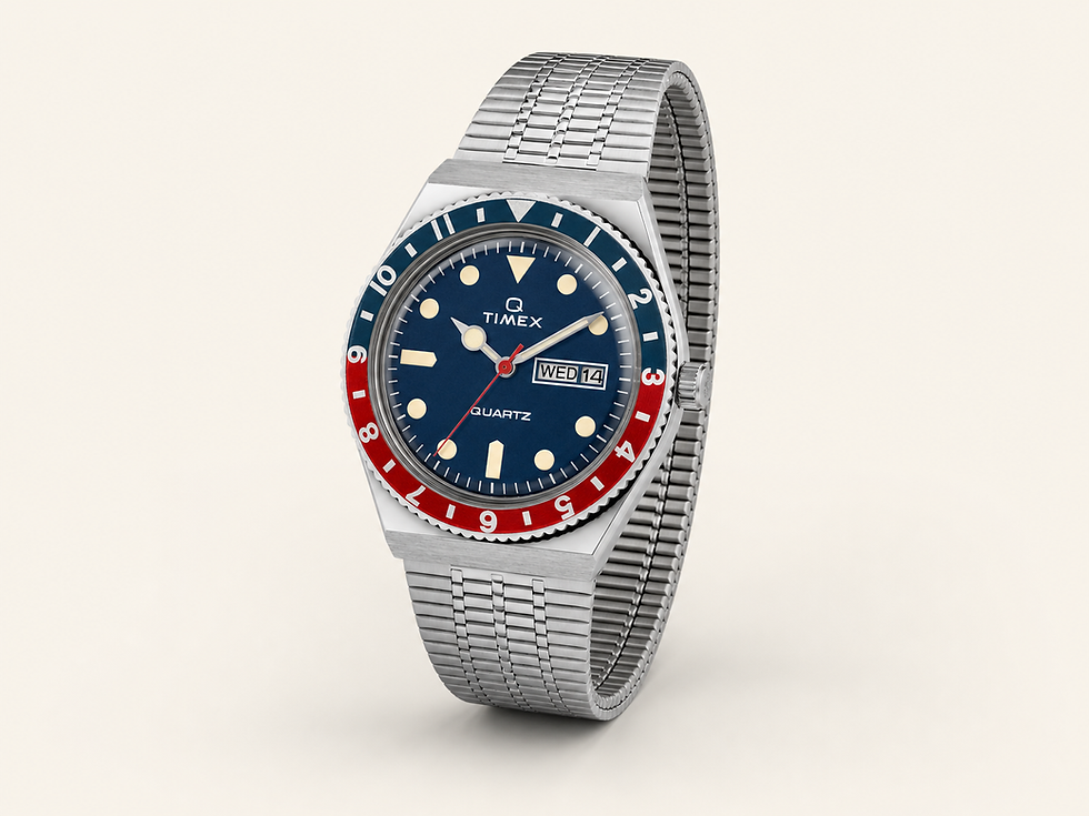 Q Timex 1979 Reissue 38mm Watch, source-grounded AI 3D render on a cream product tile